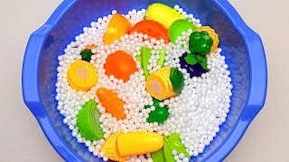 Satisfying Video | Fruits and Vegetables in Blue Snow Pool | Cutting ASMR