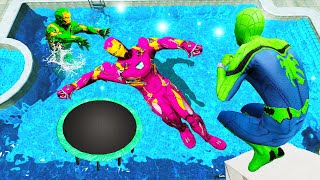 GTA 5 Rainbow Spiderman & Rainbow Iron-Man Crazy Trampoline Water Ragdolls Fails(Funny Moments)