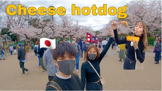 Trying Famous Cheese Hotdog/Cherry Blossoms(SAKURA🌸)IN JAPAN2022//INTERNATIONAL COUPLE🇳🇵🇯🇵VLOG24