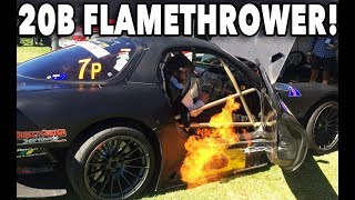 This 20B triple rotor RX7 is a 1000hp flame thrower! Rama Racing RX7 build, flames and in-car laps.