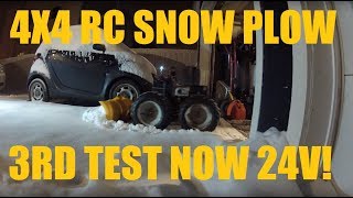 Homemade RC 4x4 Snow Plow 3rd test now on 24V!