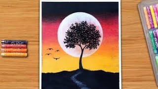 Oil pastel drawing easy - Moonlight night scenery drawing with oil pastel