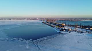 Panoramic aerial view of Volgograd, Russia. Волгоградское водохранилище на закате.