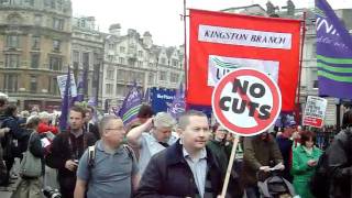 FIRST PART OF BEGINING,PEACEFULL UNIONS MARCH PAST US AT TRAFALGAR!(london march 26 )_08.mov