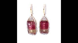 27.56 Carat Watermelon Tourmaline & Diamond Dangle Drop Earrings in 14k Yellow Gold