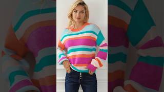 Color Block Striped Drop Shoulder Crew Neck Sweater #fashion #clothing #fashionstyle #服飾