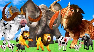 10 Mammoth Elephant vs 10 Zombie Bull Cow Buffalo vs Giant Lion Attack Cow Buffalo Saved By Mammoth