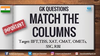 Match the Columns/Followings | GK Questions | All topics covered | IIFT, XAT, CMAT, TISS, SSC, Banks