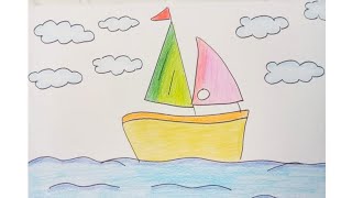 Drawing a boat is very easy and simply in the middle of the blue sea - Step by step