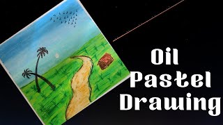 Field Drawing With Sunrise By Oil Pastel Drawing | Green Grass Drawings By Oil Pastel Drawings