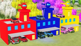 TRANSPORTING CARS, AMBULANCE, POLICE CARS, FIRE TRUCK OF COLORS TO GARAGE WITH TRUCKS - FS 22