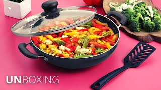 ivbox Aluminium Induction Bottom Non-Stick Kadhai with Glass Lid Unboxing,24cm (Gas Compatible) 2LTR