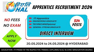 HAL Apprentice Recruitment 2024 | ITI, Diploma, B.Tech, BSc, B.Com | HAL Jobs 2024 in Hyderabad