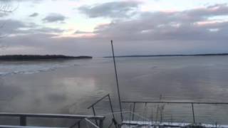 Lake Champlain   Ducks diving near ice at sunset