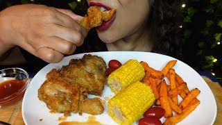 ASMR Fried Chicken, Corn on the Cob, Sweet Potato Fries | Eating Sounds | No Talking