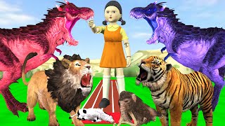 Cow Mammoth Tiger Lion Bull vs Squid Game Doll Red Light Green Light Challenge Squid Game Funny