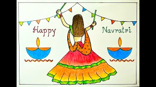 Navratri fesrtival drawing | How to draw Navratri Dandiya dance easy | Chitra | Garba dance drawing