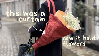 made a bag for flowers from a curtain (with my own pattern) here's how I did it | THRIFT FLIP