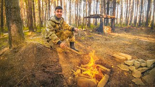 ПОДЗЕМНАЯ ПЕЧЬ ВОЗЛЕ ЗЕМЛЯНКИ. СДЕЛАЛ ДРОВНИК. ГОТОВЛЮ МЯСО. 29 СЕРИЯ.