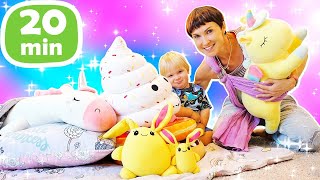 Juegos con UNICORNIO, bebé de Mamá de Lucky y juguetes de peluche