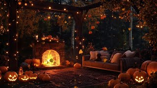 Relaxing Autumn Porch Vibes 🍂🎃 Halloween Atmosphere with Jazz Music, Cozy Campfire