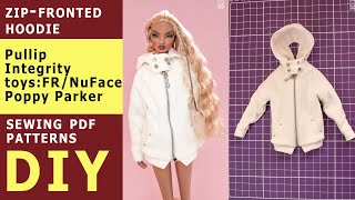 I make Zip-Fronted Hoodie for Pullip, IT dolls: FR, Poppy Parker, NuFace/ Doll clothes TUTORIAL DIY