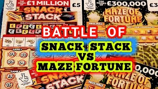 SCRATCHCARD BATTLE.....MAZE  of FORTUNE ....Vs......SNACK STACK ....with  BIG RED  SCRATCHCARDS