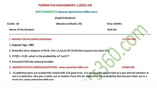 10th class FA-1 maths exam model paper August 2023-2024 / 10th class FA-1 maths paper  2023-2024.