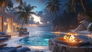 Peaceful Tropical Soothing Sea Breeze Ambience Overlooking The Sea  Crackling Fire, Ocean Wave