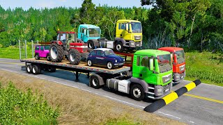 Double Flatbed Trailer Truck vs Speed Bumps | Busses vs Speed Bumps | Beamng Drive #1