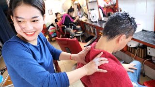 ASMR Strong head and neck massage by a Cambodian lady barber in Phnom Phen