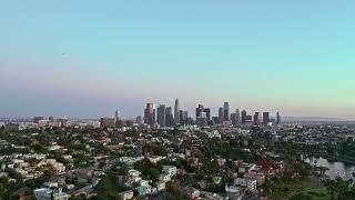 Downtown Los Angeles Skyline from Echo Park on Sunset Blvd, Drone 4k