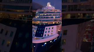 Cruise ship arriving in port in Europe (Drone image)