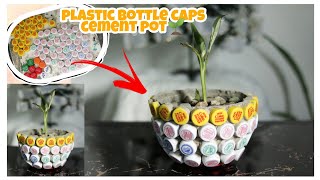 CASTING FLOWER POTS FROM CEMENT AND PLASTIC BOTTLE CAPS - DIY | HOW TO MAKE DIY CEMENT POT