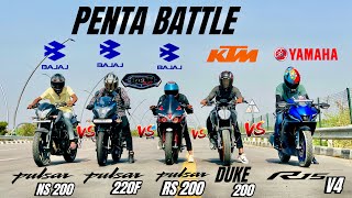 2024 pulsar 220f vs Yamaha R15v4 vs pulsar rs 200 vs pulsar ns 200 vs ktm Duke 200 | penta battle 🔥