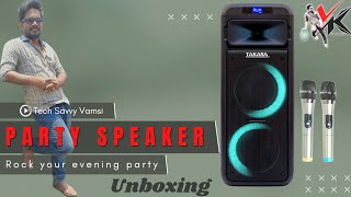 Takara Party Speaker // DJ party speakers DMX light // Double mic with echo // Unboxing // తెలుగు లో