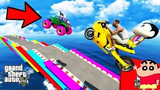 FRANKLIN TRIED IMPOSSIBLE BROKEN ROAD MEGA PARKOUR RAMP CHALLENGE CAR BIKE GTA 5 | SHINCHAN and CHOP