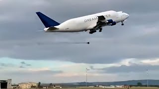 Boeing 747-400 Dreamlifter Wheel on Fire Falls Off after Take Off