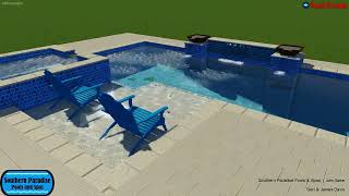 Geometric Pool  w/ 2 Magic Bowls on Columns, +18" Raised Spa, Sunshelf w/ Bubbler