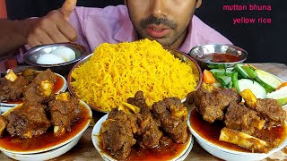 yellow rice with spicy mutton handi bhuna masala curry boiled eggs salad gravy eating show mukbang