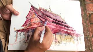 Sketching and watercolor: Vat Sisakhet, Vientiane EP29