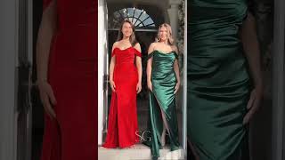 Hermione Prom 941 in Green and Red - Fitted Satin Evening Dress with Leg Split