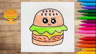 رسم برجر كيوت 🍔 رسم سهل للاطفال / رسومات للاطفال / تعليم الرسم للاطفال خطوة بخطوة