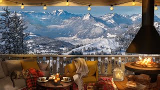 Snow Ambience | Cozy Balcony in Winter Mountains & Fireplace | Snowfall