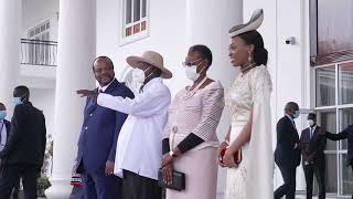 H E M7  Accompanied by Maama Recieving  H M King Mwsati III and his wife at Entebbe airport.