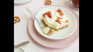 No-Bake Strawberry Rhubarb Cheesecake with Pretzel Crust