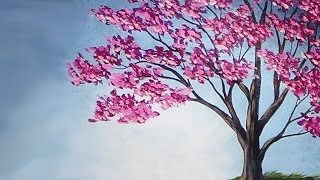 Blossoming Cherry Tree Acrylic Painting with a Sponge Painted Background Painting Tutorial