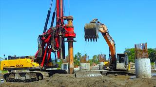 Cranes Excavators Drilling Rig Digging Deep Foundation On The Bridge Construction