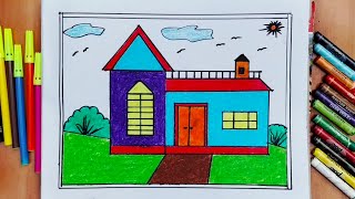 House Drawing / How to Draw a Simple House Step By Step Very Easy / House Scenery Drawing