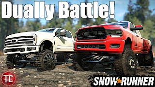 SnowRunner: Ford F450 vs Ram 3500 DUALLY BATTLE at THE GAUNTLET! (Console Mods Gameplay)